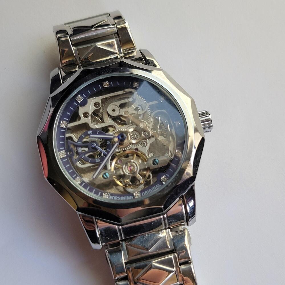 Forsining Mens Watch Blue Silver Skeleton Dial Silver Tone Bracelet Analog Steel